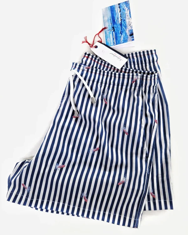 Box Mare Costume da Bagno Fasciato Blu Barca Puro Cotone slip interno  morbido tessuto asciugatura rapida Boxer mare uomo fantasia con 2 tasche laterali Made in Italy