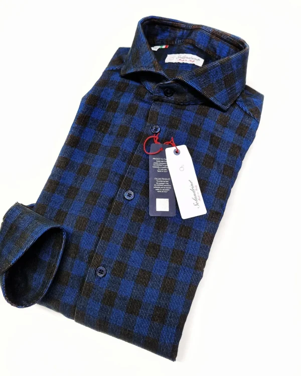 Camicia a quadri velluto blu brown cotone fantasia made in italy