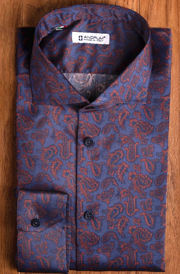 Camicia blu cotone fantasia floreale cachemire elegante made in italy