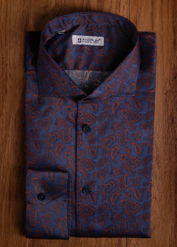 Camicia blu cotone fantasia floreale cachemire elegante made in italy
