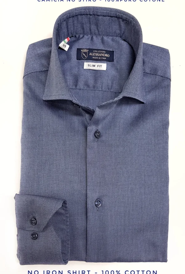 Camicia Blu Denim brillante NO STIRO - puro cotone Nido d'ape