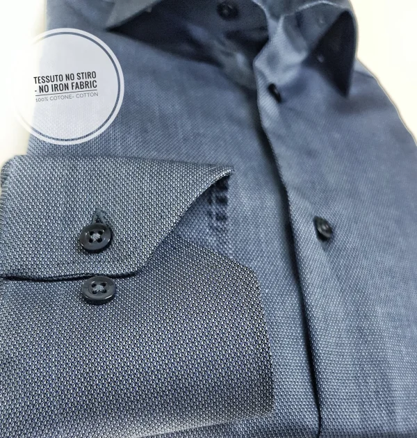 Camicia Blu Denim brillante NO STIRO - puro cotone Nido d'ape