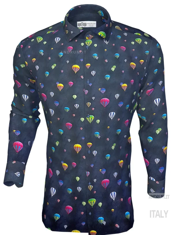 Camicia blu Fashion cotone fantasia mongolfiera travel cotone made in italy
