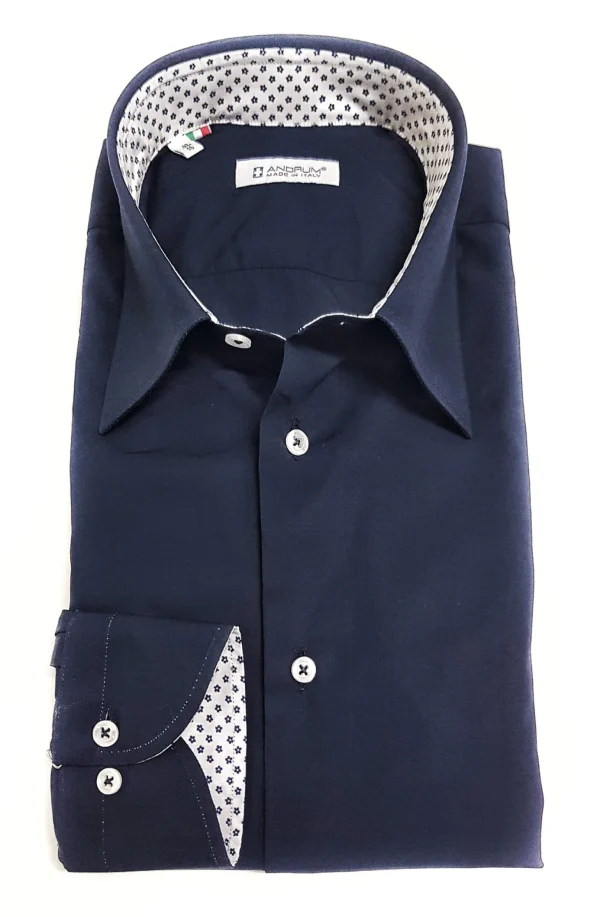 Camicia blu popeline con inserti fantasia floreale cotone made in italy