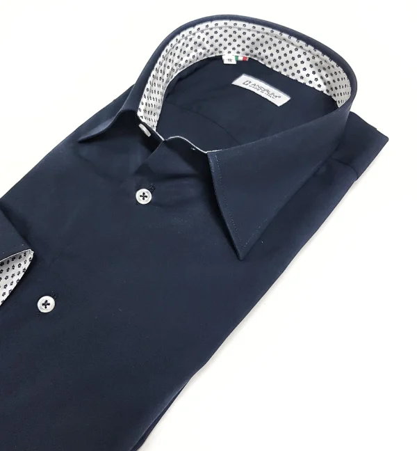 Camicia blu popeline con inserti fantasia floreale cotone made in italy
