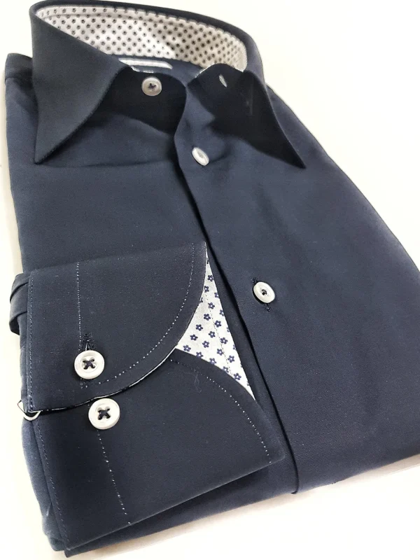 Camicia blu popeline con inserti fantasia floreale cotone made in italy