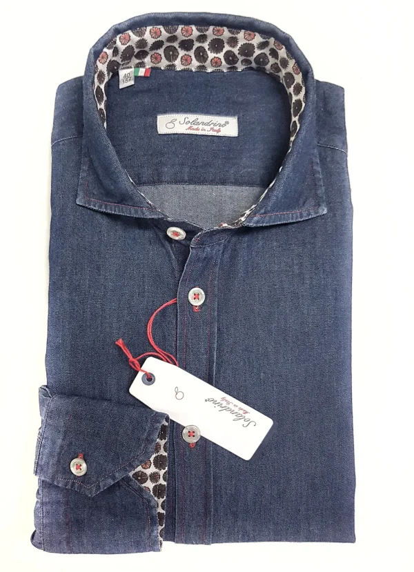 Camicia blue jeans inserti fantasia denim stone wash puro cotone made in italy