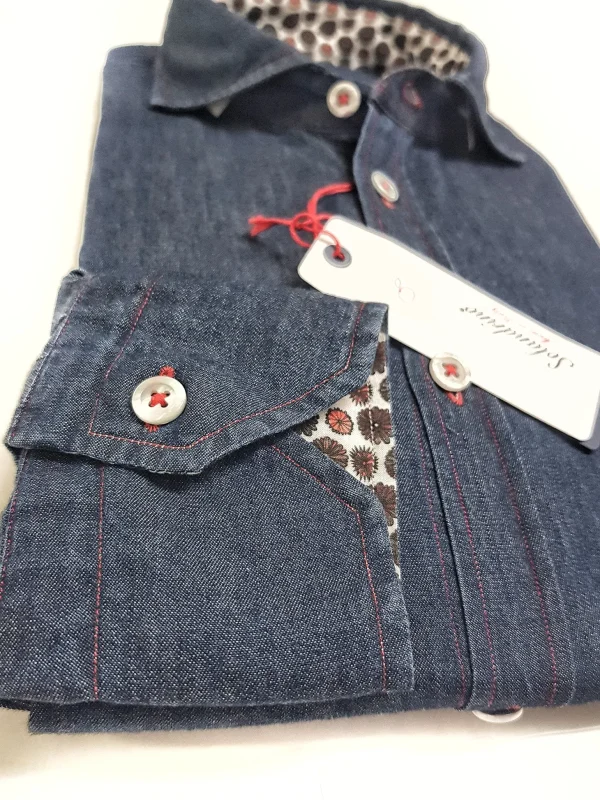 Camicia blue jeans inserti fantasia denim stone wash puro cotone made in italy