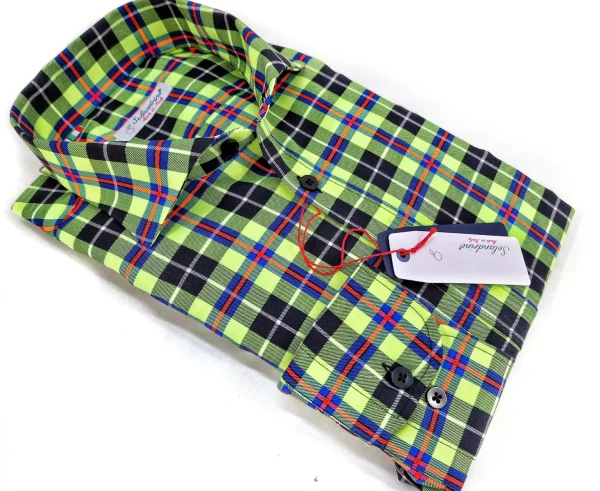 Camicia check Albini a quadri twill giallo fluo cotone fantasia check made in italy