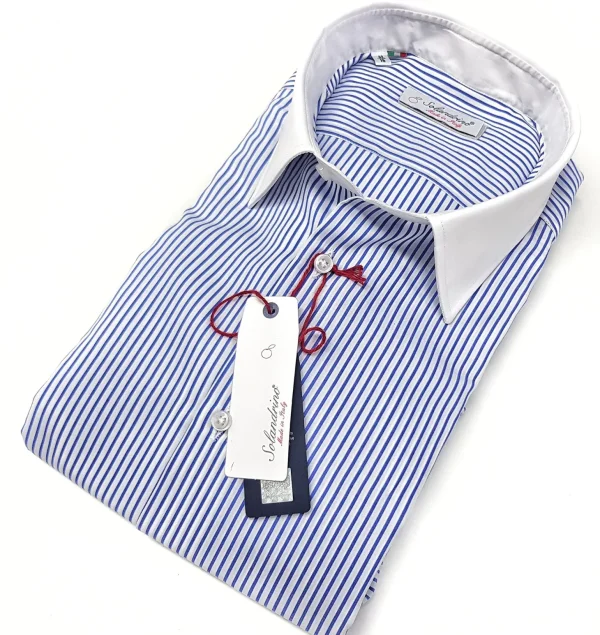Camicia Club Man collo e polso bianco su rigato bianco azzurro made in Italy stripe shirt