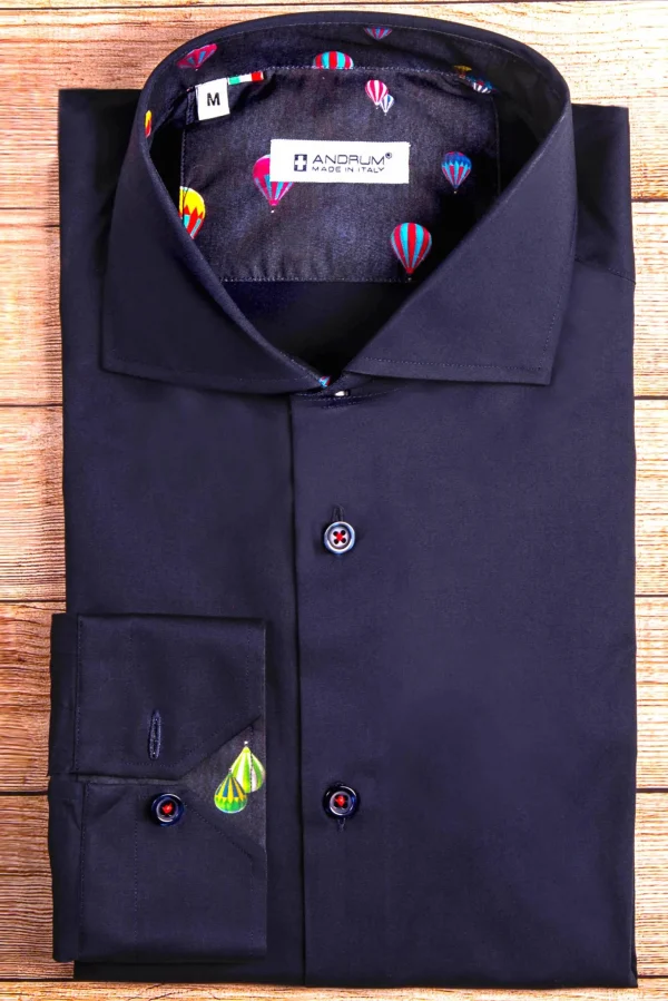 Camicia cotone Fantasia blu inserti mongolfiera nel collo e polsini made in italy