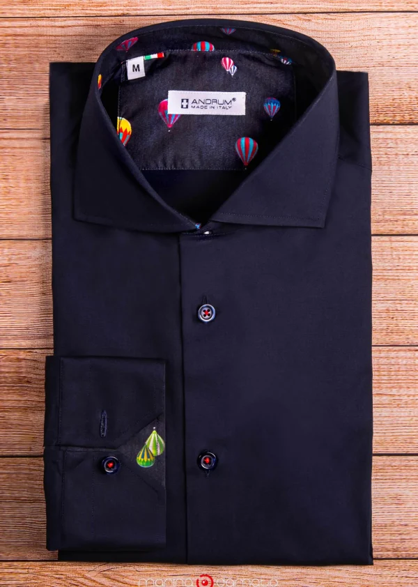 Camicia cotone Fantasia blu inserti mongolfiera nel collo e polsini made in italy