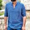 Camicia cotone lino blu denim guru serafino  polo skipper made in italy