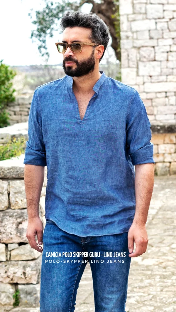 Camicia cotone lino blu denim guru serafino  polo skipper made in italy