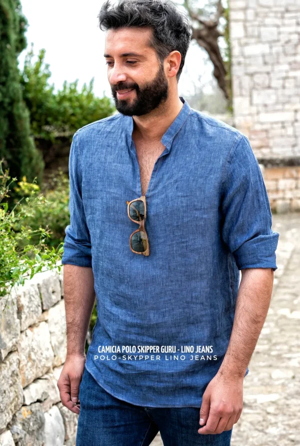 Camicia cotone lino blu denim guru serafino  polo skipper made in italy