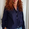 Camicia Donna blu puro cotone goffrato seersucker  made in italy navy blue woman shirt