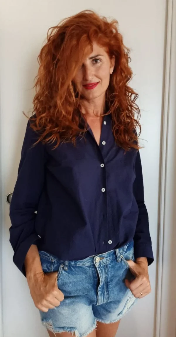 Camicia Donna blu puro cotone goffrato seersucker  made in italy navy blue woman shirt