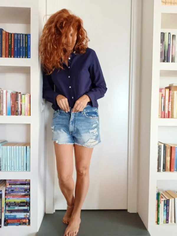Camicia Donna blu puro cotone goffrato seersucker  made in italy navy blue woman shirt