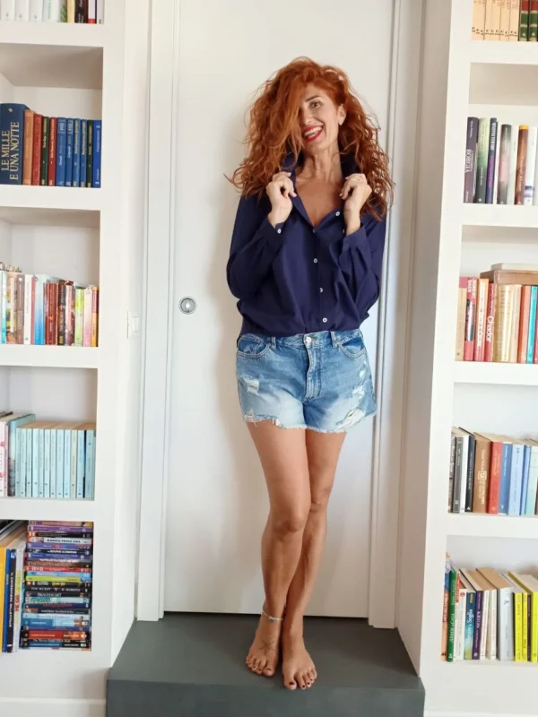 Camicia Donna blu puro cotone goffrato seersucker  made in italy navy blue woman shirt