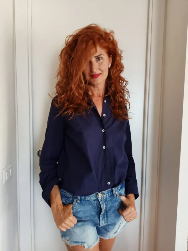 Camicia Donna blu puro cotone goffrato seersucker  made in italy navy blue woman shirt