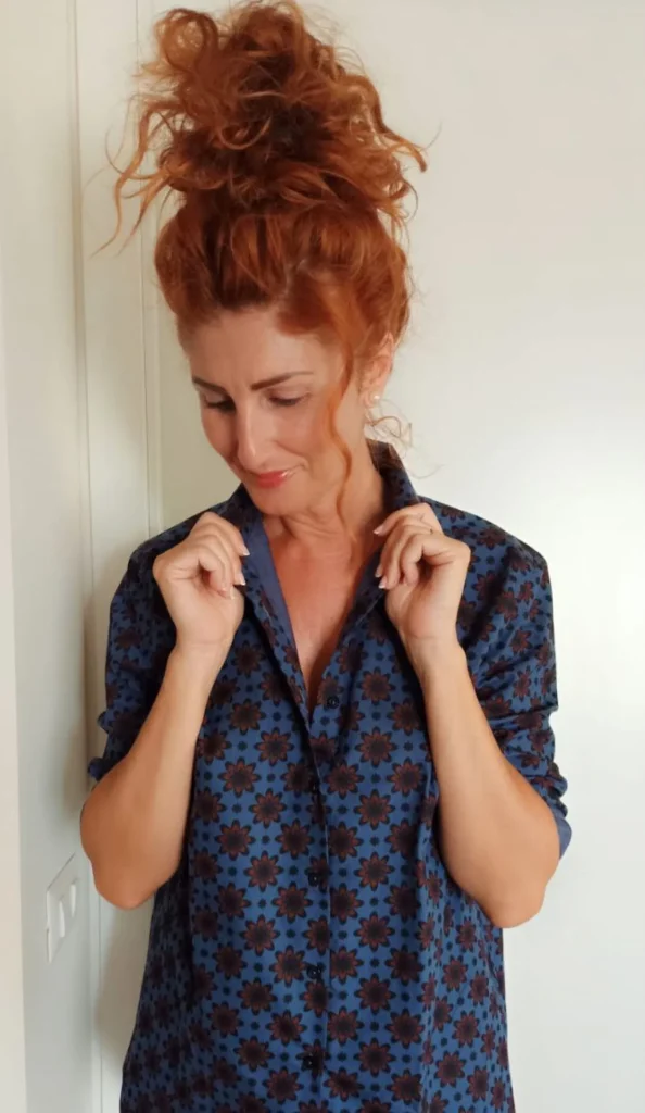 Camicia Donna blu puro cotone DENIM  blu FANTASIA bordeaux made in italy navy blue woman shirt