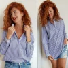 Camicia Donna chiusa a polo rigata blu puro cotone made in italy woman stripe shirt