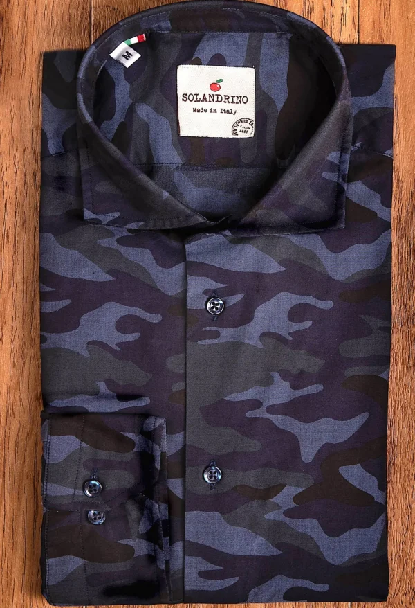 Camicia fantasia camouflage mimetico blu dark cotone made in italy