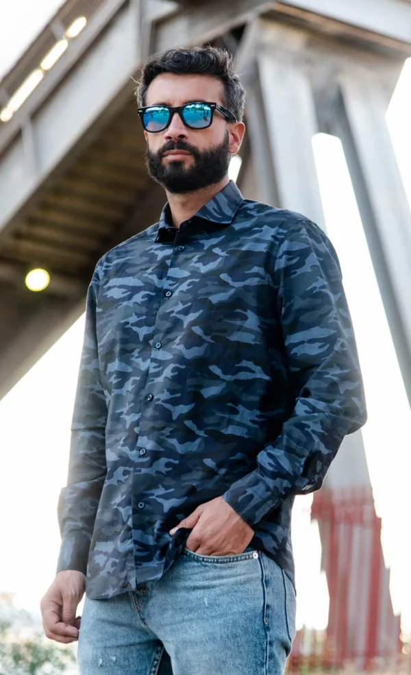 Camicia fantasia camouflage mimetico blu dark cotone made in italy