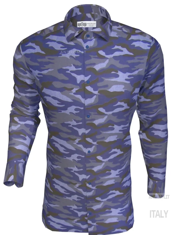 Camicia fantasia camouflage mimetico blu dark cotone made in italy