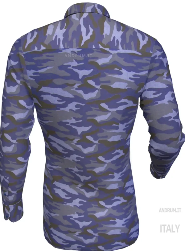Camicia fantasia camouflage mimetico blu dark cotone made in italy