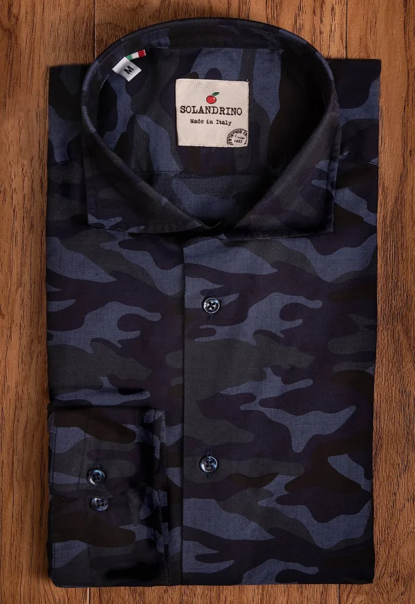Camicia fantasia camouflage mimetico blu dark cotone made in italy