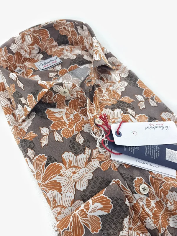 Camicia fantasia stampata viscosa morbidissima paisley giallo ocra tortora made in italy