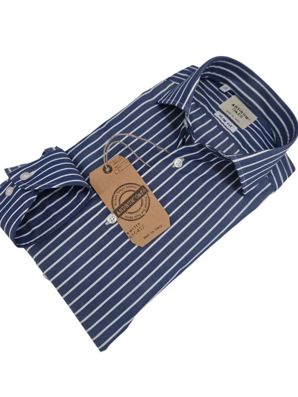 Camicia fasciata blu a righe bianche Uomo puro cotone alta qualità made in italy men shirt blue stripe high quality