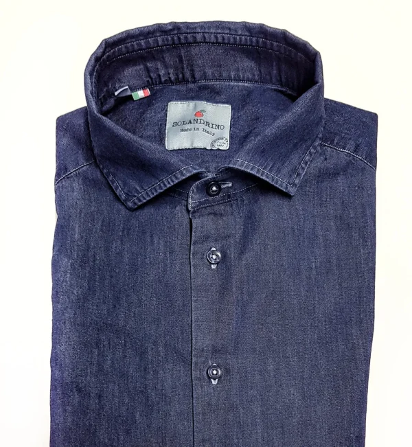 Camicia LAVATA blu jeans denim stone wash puro cotone made in italy