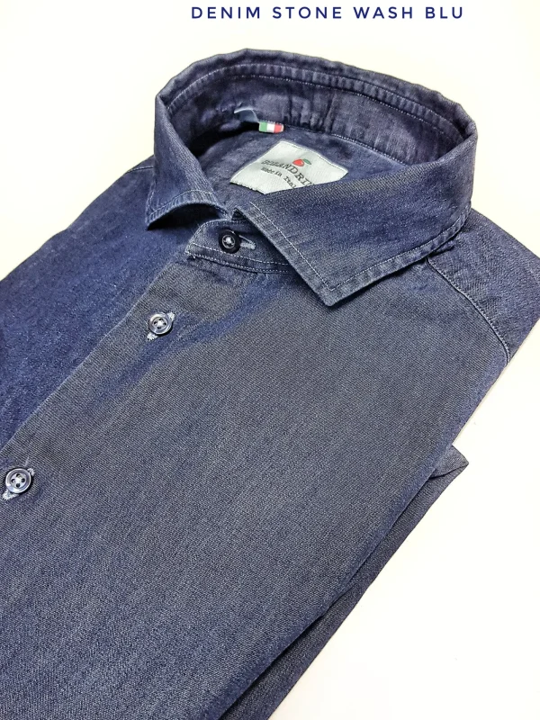 Camicia LAVATA blu jeans denim stone wash puro cotone made in italy