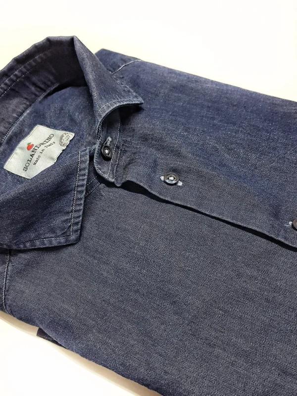 Camicia LAVATA blu jeans denim stone wash puro cotone made in italy