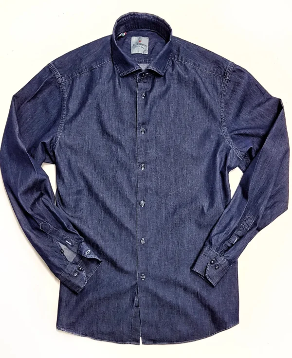 Camicia LAVATA blu jeans denim stone wash puro cotone made in italy