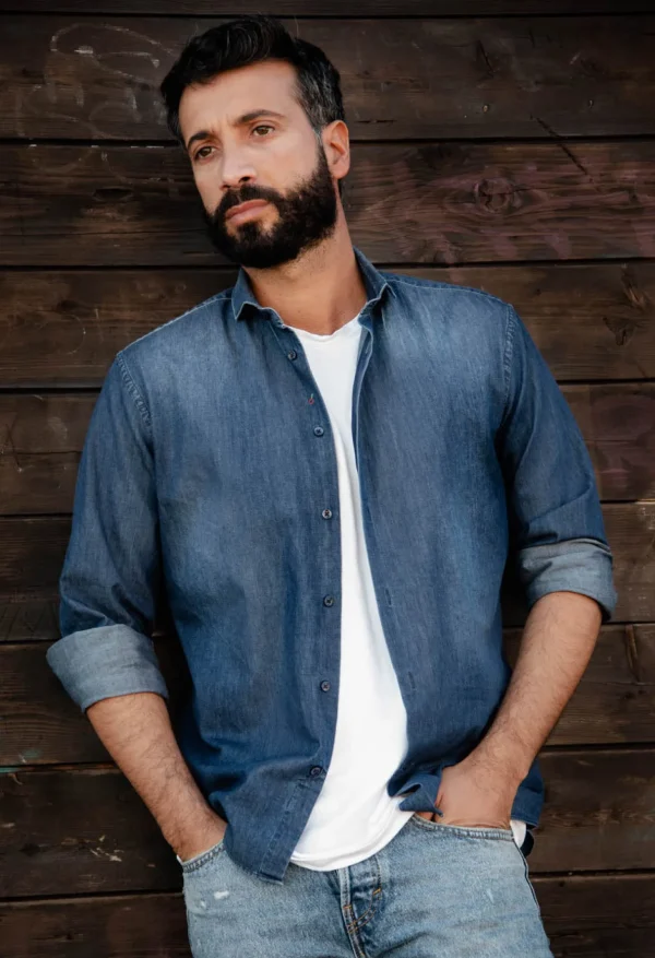 Camicia LAVATA blu jeans denim stone wash puro cotone made in italy