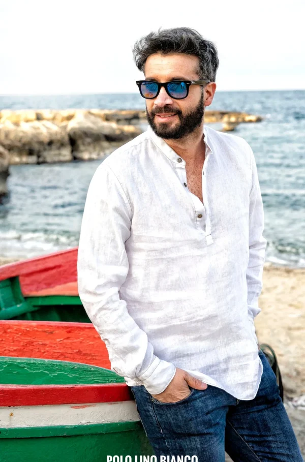 Camicia lino bianco guru coreano serafino chiusa a polo made in italy