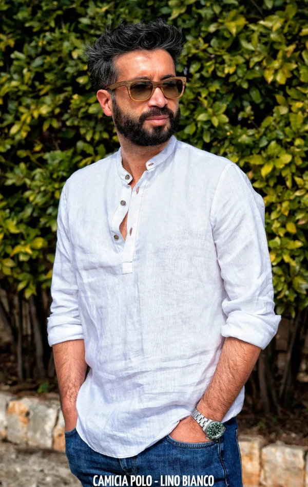Camicia lino bianco guru coreano serafino chiusa a polo made in italy