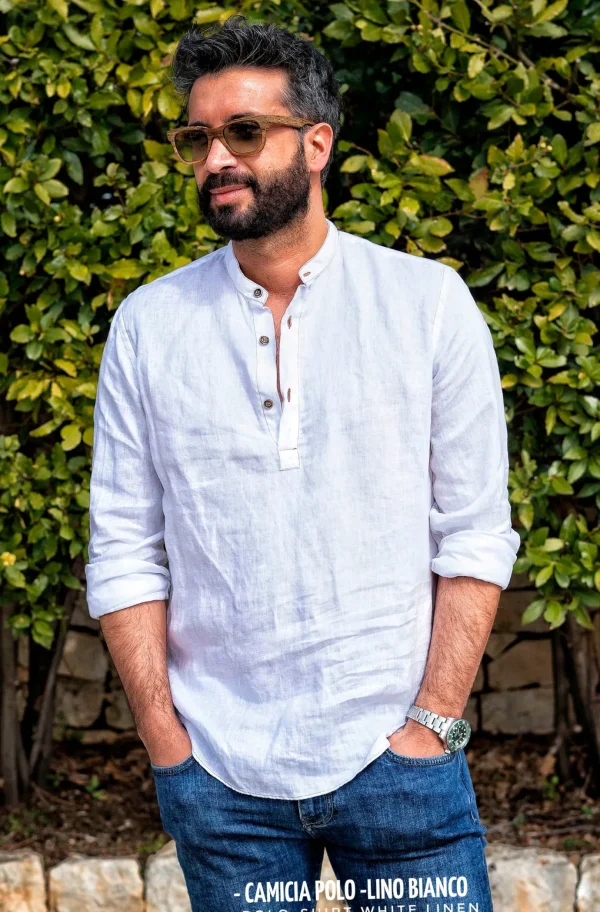 Camicia lino bianco guru coreano serafino chiusa a polo made in italy