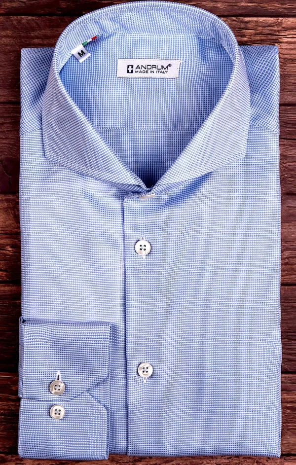 Camicia micro fantasia azzurro armaturato alta qualità puro cotone Pied de Poule made in italy