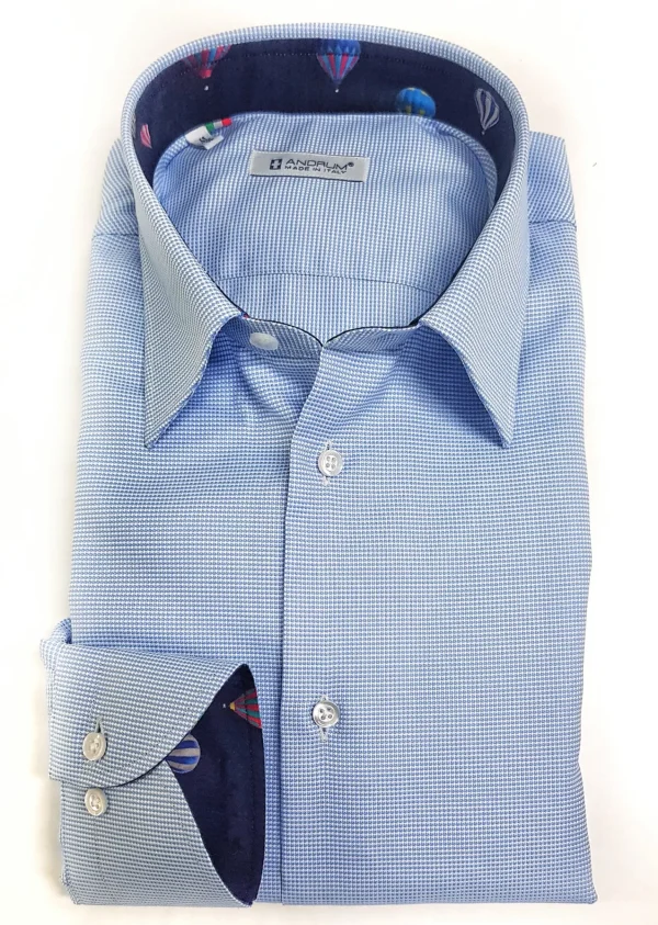 Camicia micro fantasia azzurro inserti fantasia Mongolfiera blu interno collo e polsi alta qualità puro cotone  made in italy