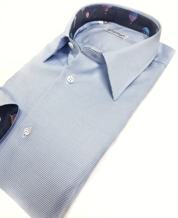 Camicia micro fantasia azzurro inserti fantasia Mongolfiera blu interno collo e polsi alta qualità puro cotone  made in italy