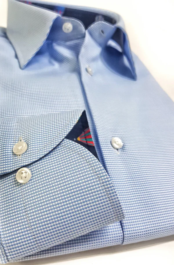 Camicia micro fantasia azzurro inserti fantasia Mongolfiera blu interno collo e polsi alta qualità puro cotone  made in italy