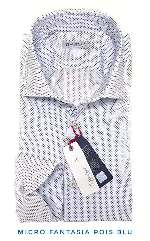 Camicia micro fantasia blu pois punta spillo puro cotone popeline made in italy