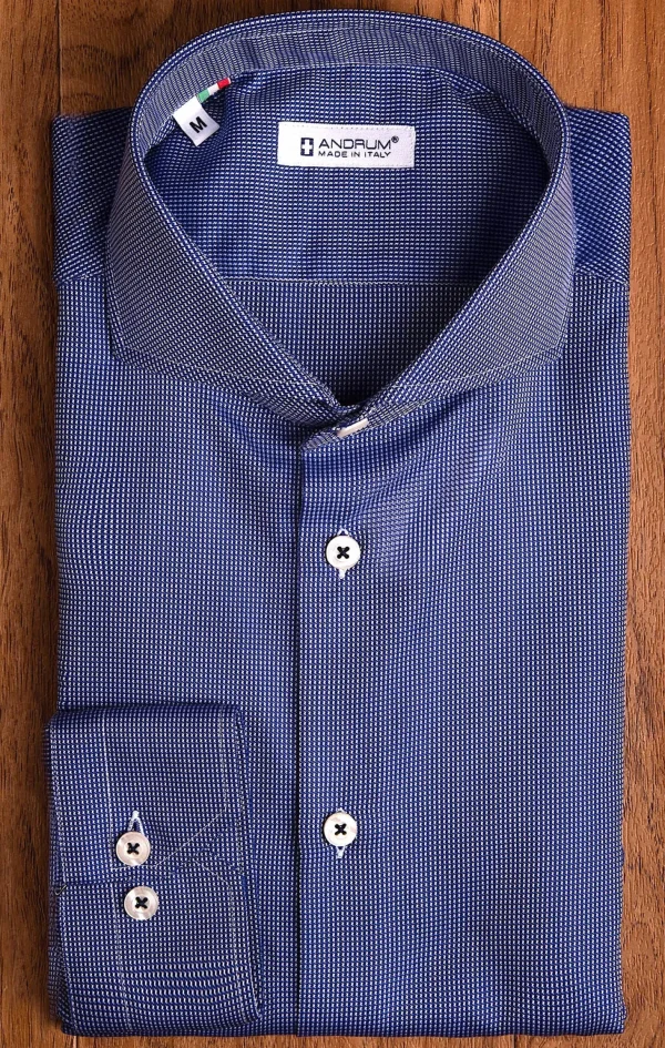 Camicia micro fantasia blu  armaturato alta qualità puro cotone Pied de Poule made in italy