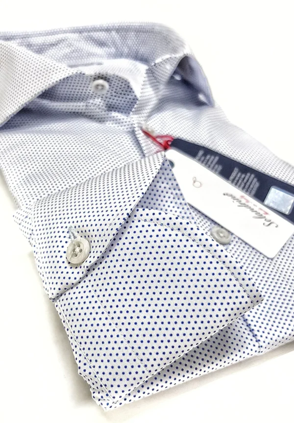 Camicia micro fantasia blu pois punta spillo puro cotone popeline made in italy