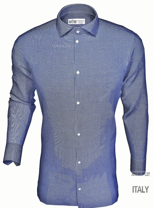Camicia micro fantasia blu  armaturato alta qualità puro cotone Pied de Poule made in italy