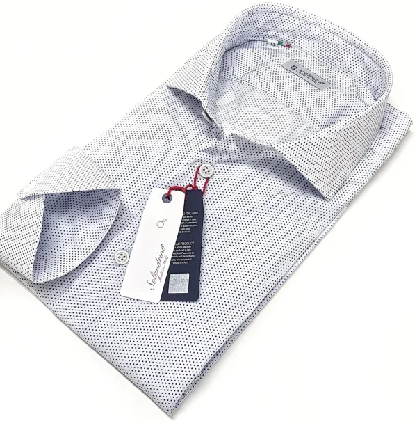 Camicia micro fantasia blu pois punta spillo puro cotone popeline made in italy